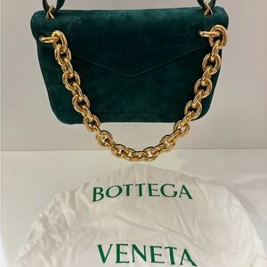 Bottega Veneta Dark Green Crossbody Bag with Gold Chain